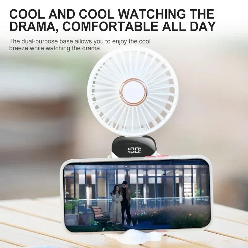 Portable neck fan compared to smartphone size